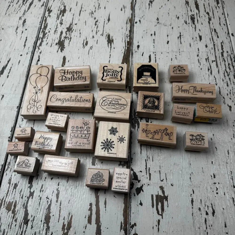 Wooden Rubber Stamps Bundle Lot of 23 Holiday and Birthday Seasonal Stamping